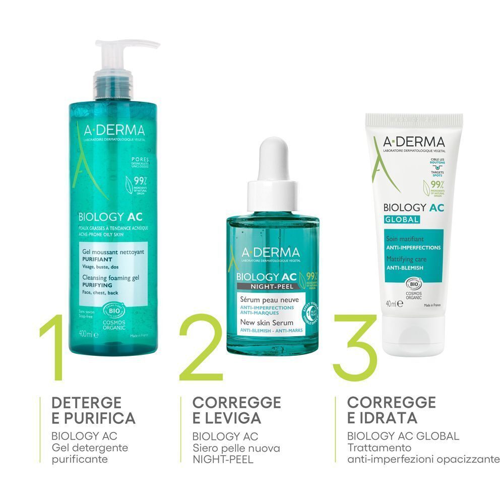 Routine di cura A-Derma Biology AC: Detergere, Correggere, Idratare.