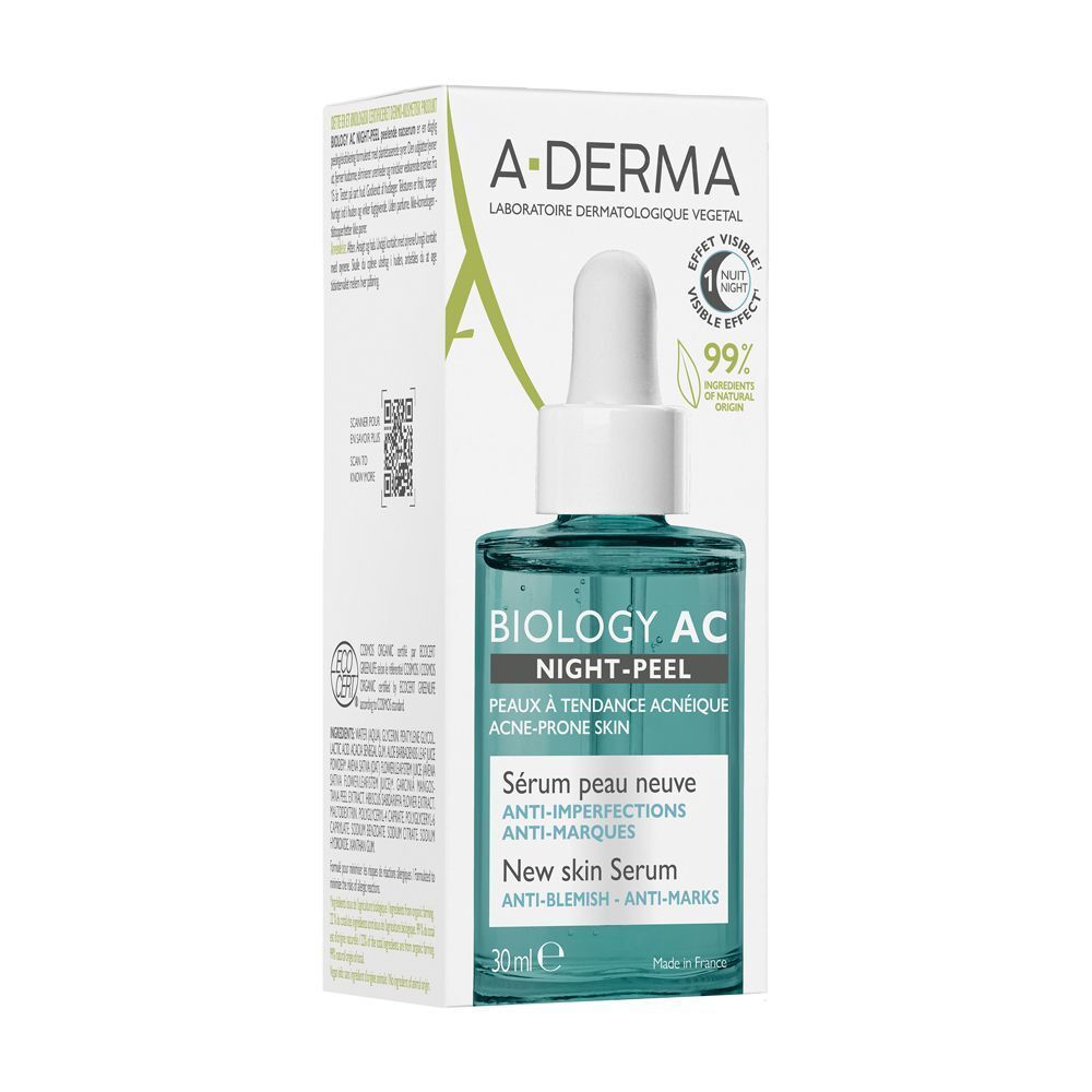 Confezione e flacone di siero A-Derma Biology AC Night-Peel per pelli a tendenza acneica.