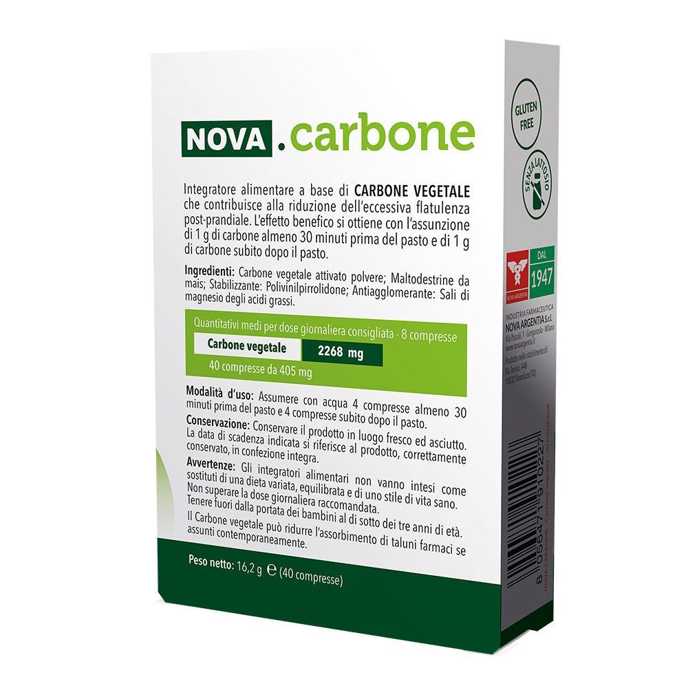 Retro di una confezione NOVA.carbone preparato al carbone vegetale con informazioni nutrizionali.