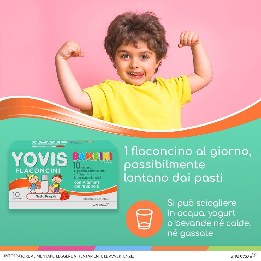 Bambino sorridente, scatola Yovis Bambini, Assunzione: 1 flaconcino al giorno, gusto fragola.