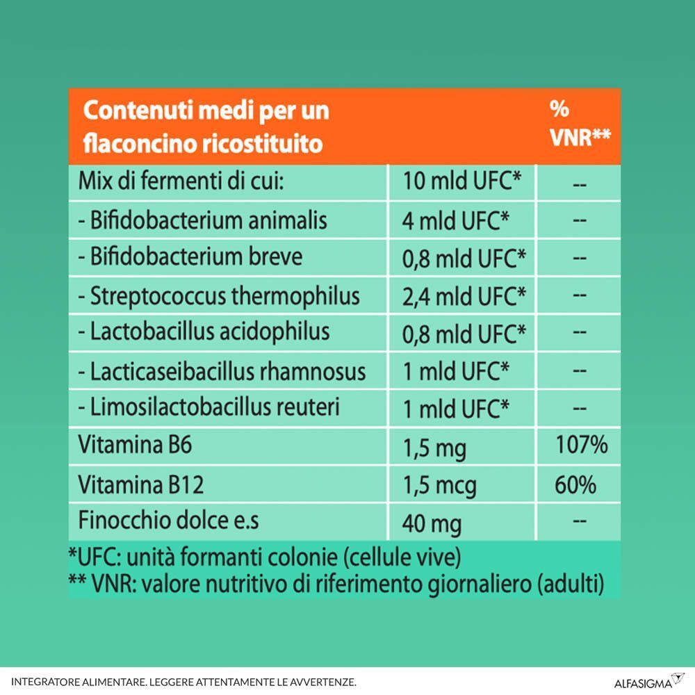 Yovis Bambini: Contenuti medi per flaconcino: 10 mld batteri, Vitamine B6/B12, Finocchio.
