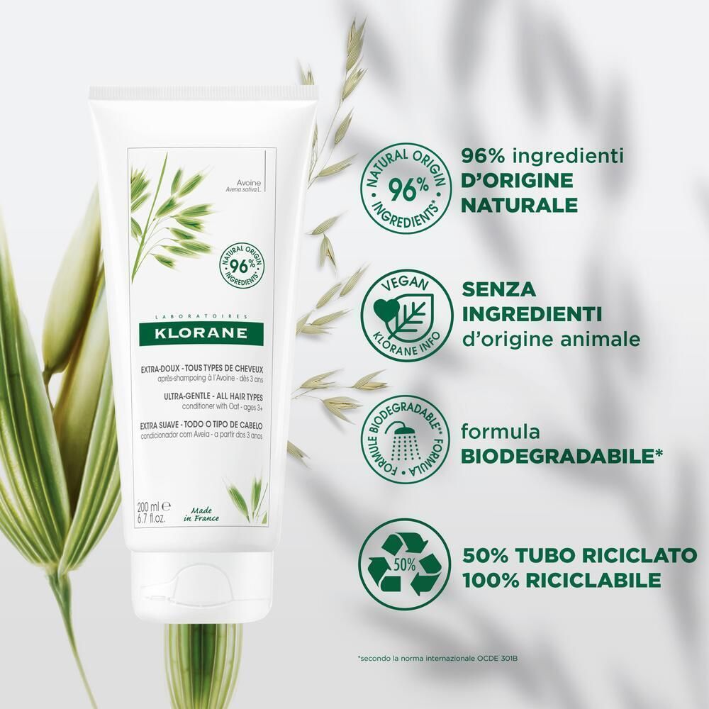 Tubo bianco Balsamo Klorane, con icone per 96% ingredienti naturali, vegan e biodegradabile.