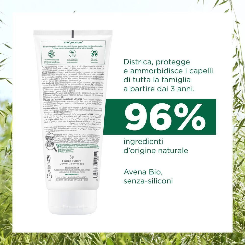 Tubo bianco Balsamo Klorane, retro con testo '96% ingredienti di origine naturale'.