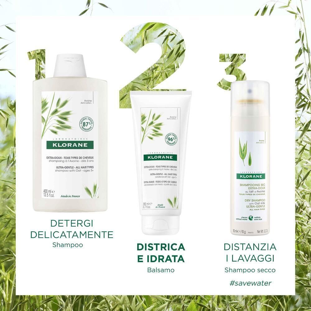 Tre prodotti Klorane: Shampoo, Balsamo e Shampoo secco con motivo avena.