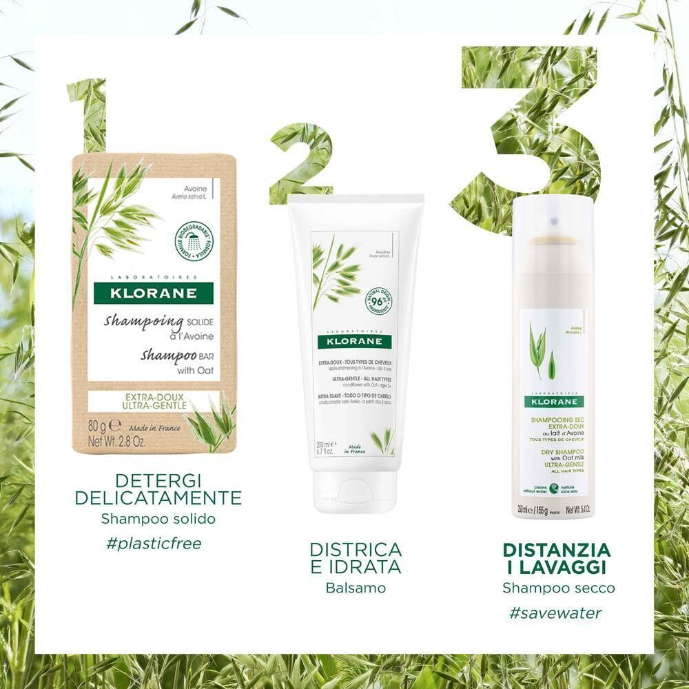 Tre prodotti Klorane: Shampoo solido, Balsamo e Shampoo secco all'avena.