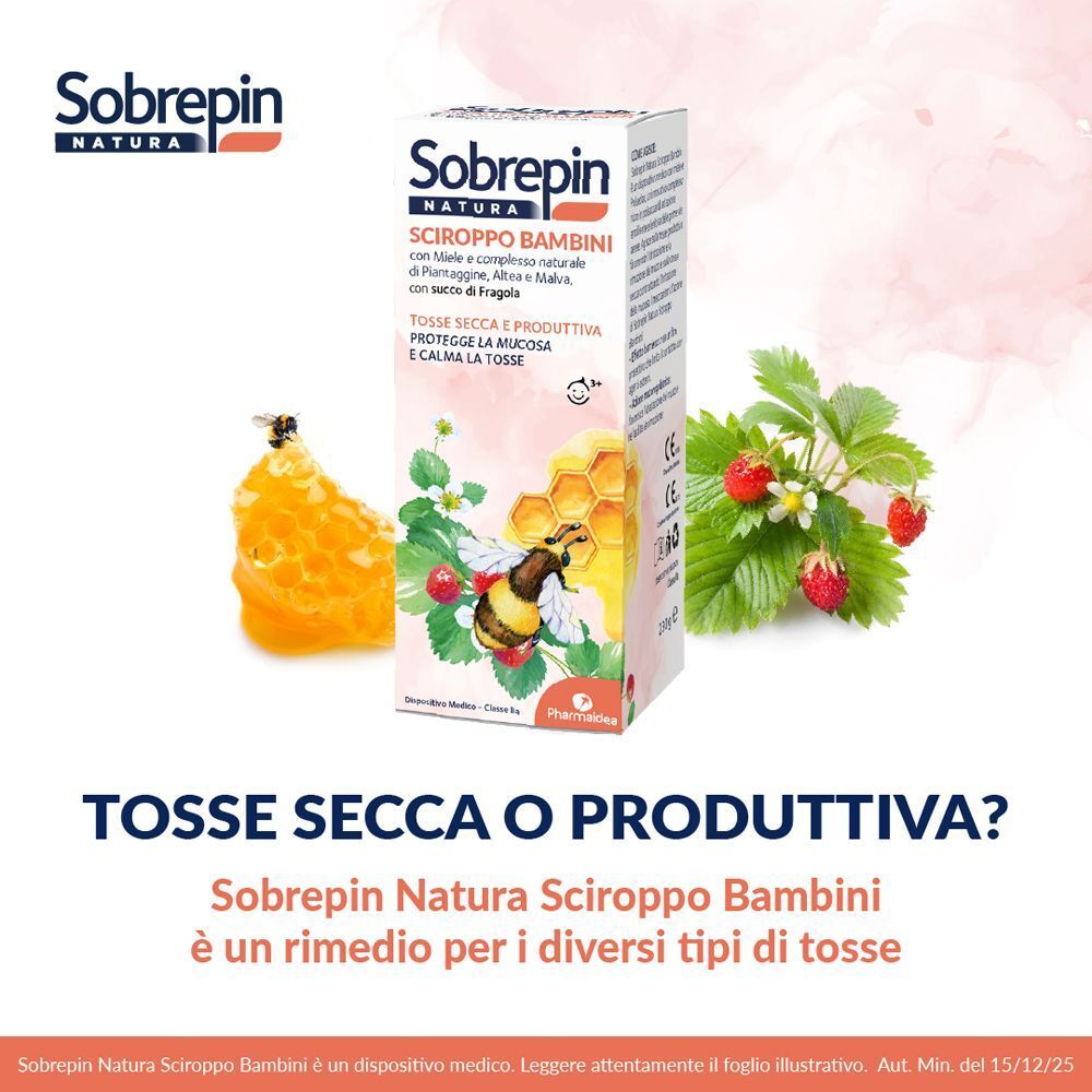 Una scatola di Sciroppo Bambini Sobrepin Natura con api, favi e fragole.