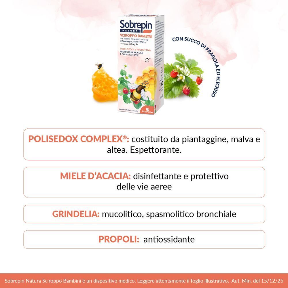 Informazioni sugli ingredienti di Sciroppo Bambini Sobrepin Natura: Polidosed Complex, Miele d'acacia, Grindelia, Propoli.