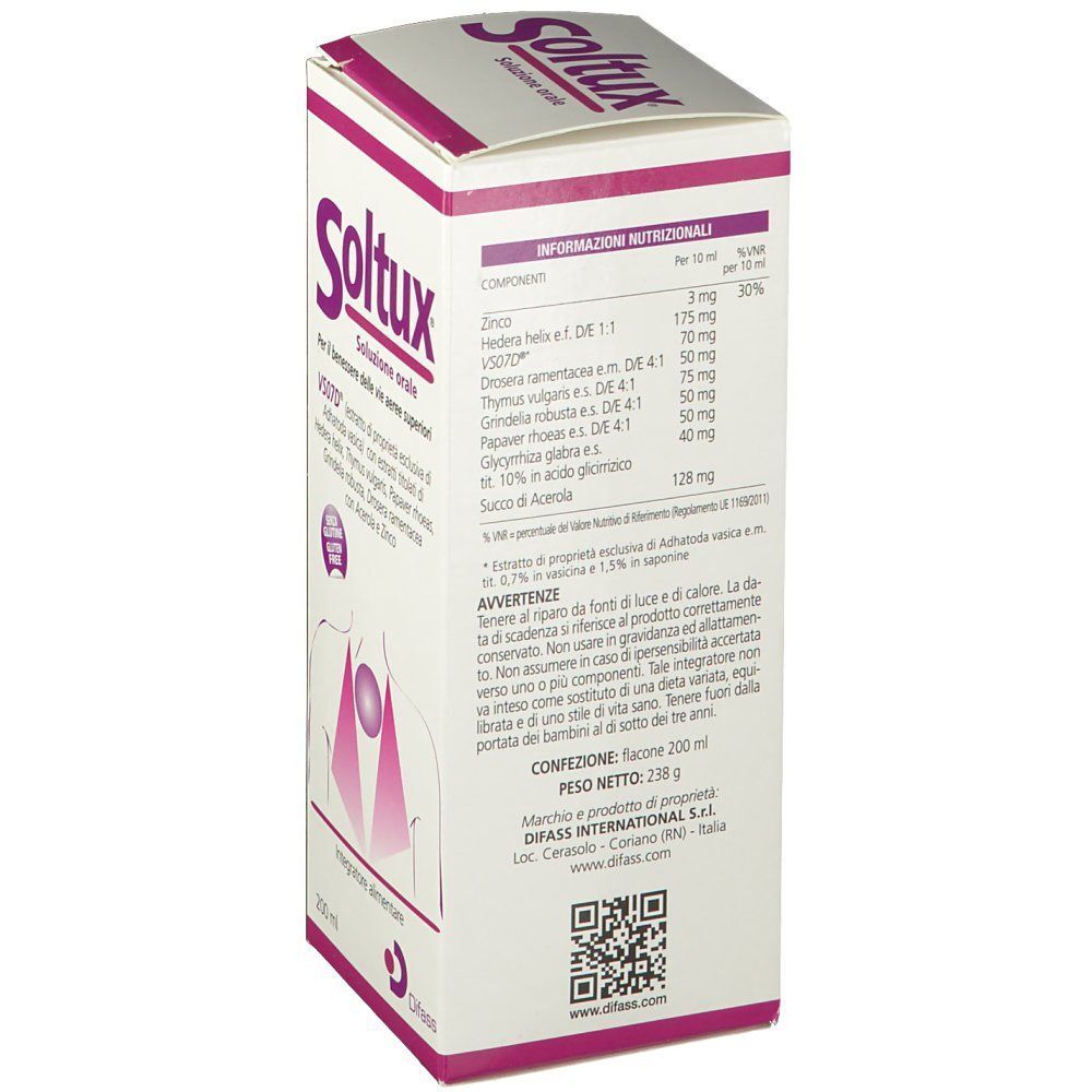 Scatola di Soltux® sciroppo 200 ml, retro con informazioni nutrizionali e avvertenze.