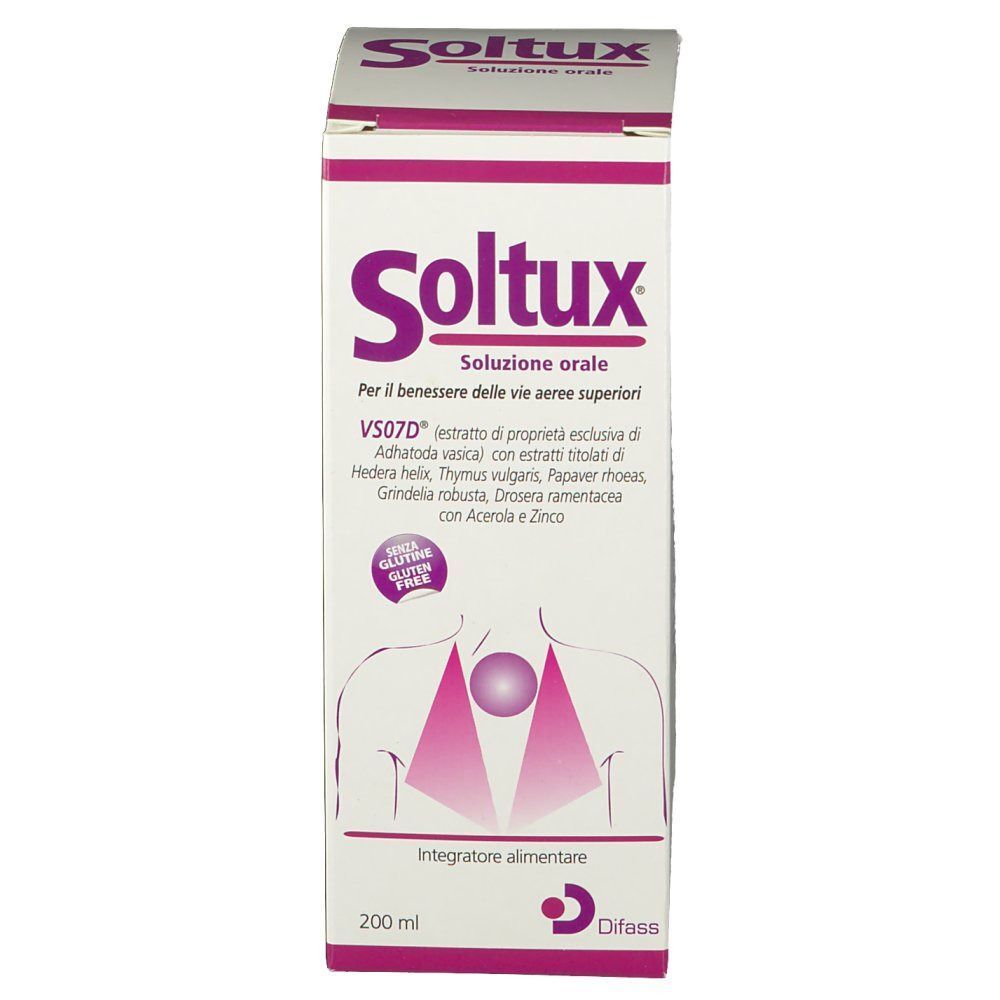 Scatola di Soltux® sciroppo 200 ml, fronte con informazioni prodotto e illustrazione.