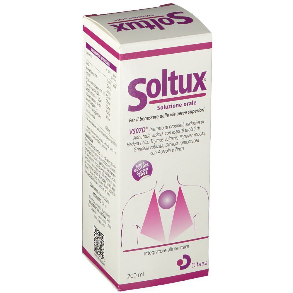 Una scatola di sciroppo Soltux 200 ml, fronte con informazioni sul prodotto e illustrazione.