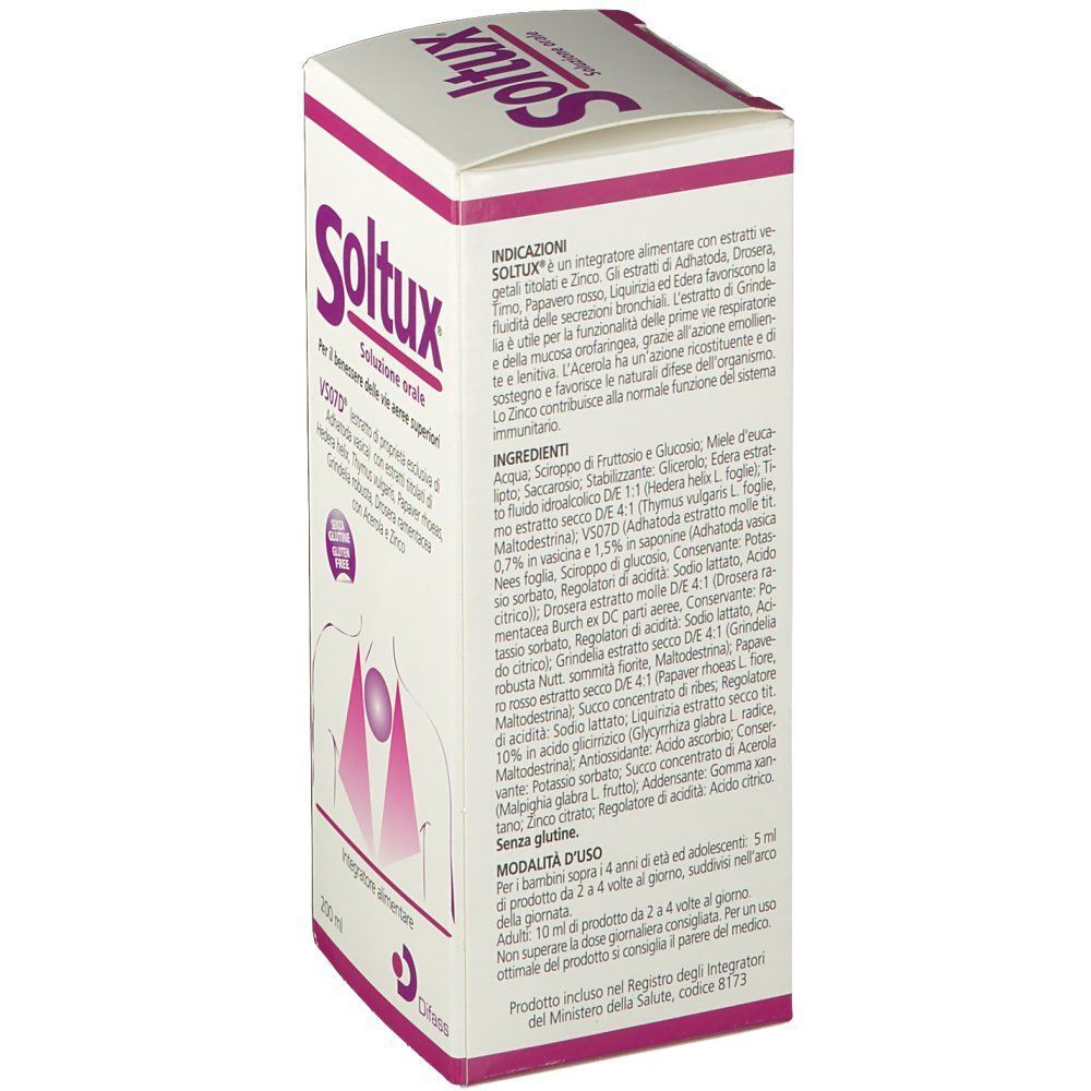 Vista laterale di una scatola di sciroppo Soltux 200 ml con elenco dettagliato degli ingredienti e modalità d'uso.