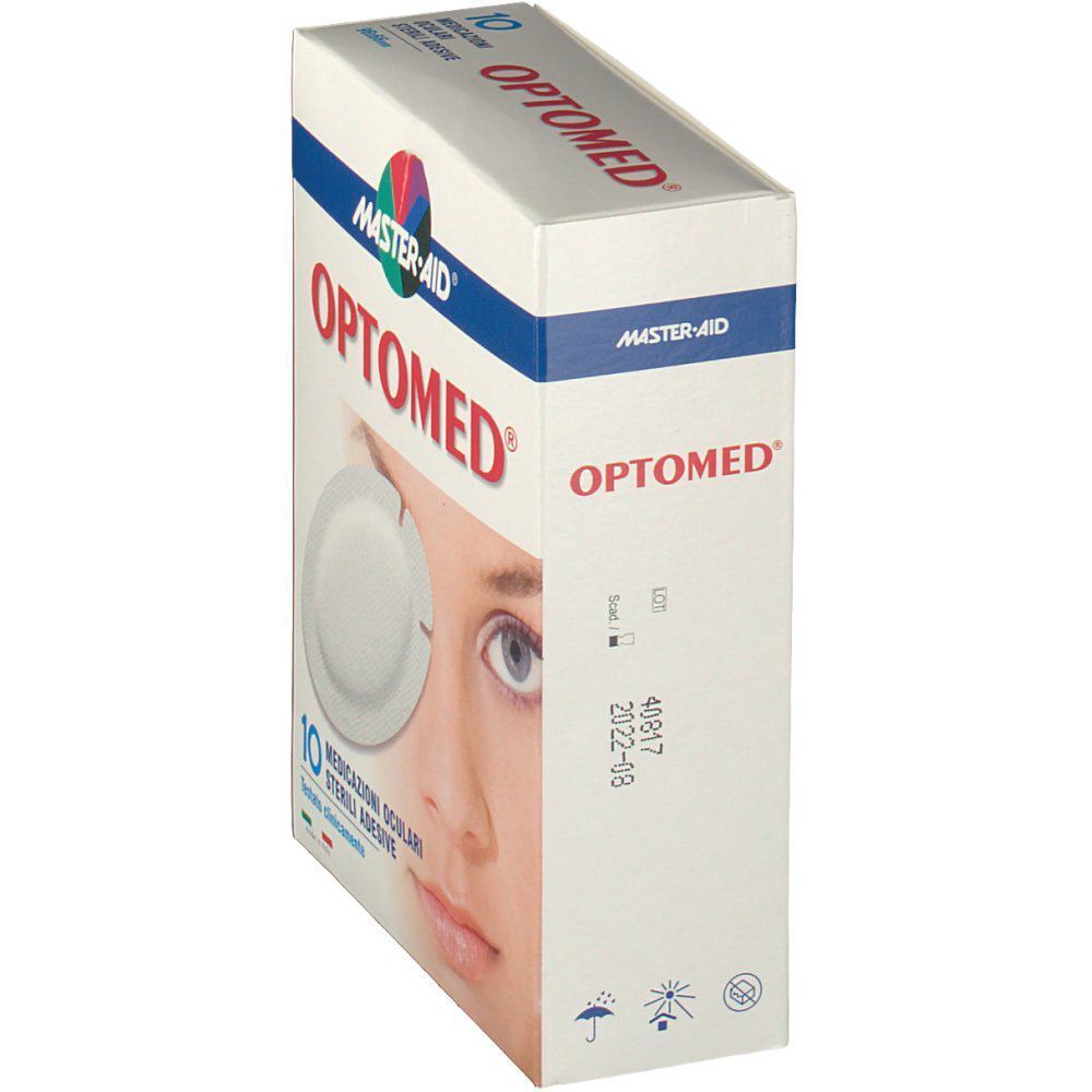 Confezione MasterAid Optomed, retro con numero di lotto e data di scadenza. Mostra un occhio e una medicazione.