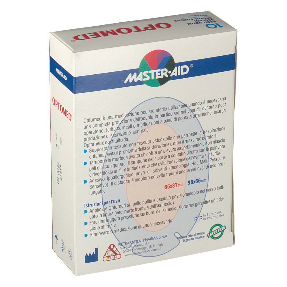 Confezione MasterAid Optomed, retro con informazioni sul prodotto e istruzioni per l'uso. Mostra un occhio e una medicazione.