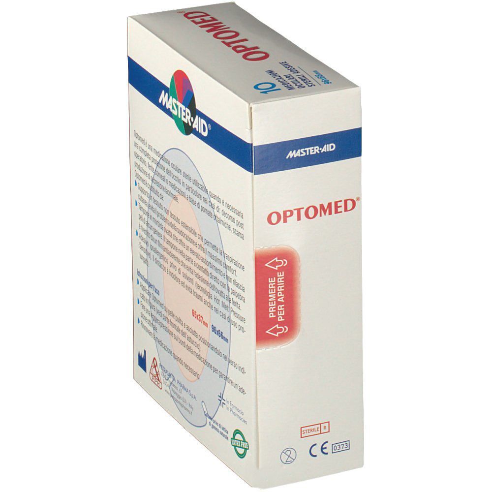 Confezione MasterAid Optomed, lato con istruzioni per l'apertura. Mostra un occhio e una medicazione.