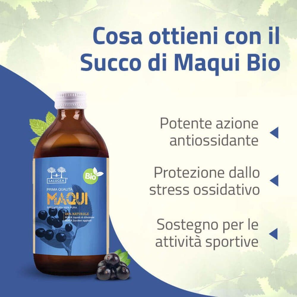 Una bottiglia di succo di Maqui Bio accanto a testo che ne descrive l'azione antiossidante e il supporto alle attività sportive.