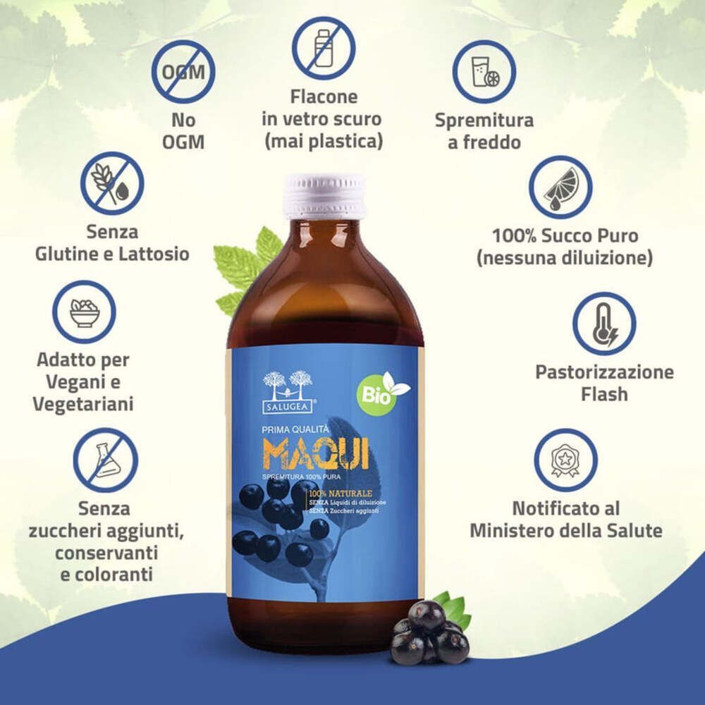 Una bottiglia di succo di Maqui Bio con icone che indicano benefici come 'Senza OGM', 'Senza Glutine', 'Vegano', 'Senza zuccheri aggiunti'.