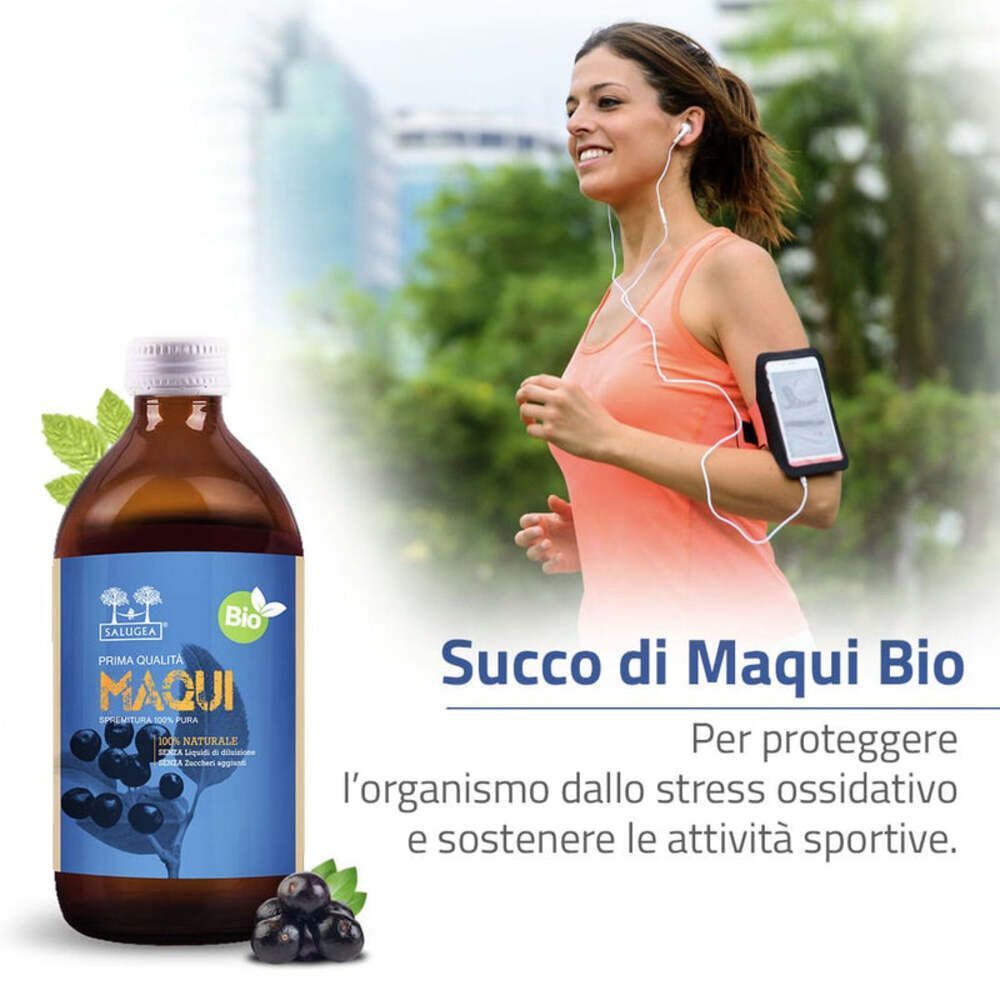 Una donna che corre, accanto a una bottiglia di succo di Maqui Bio, con testo che evidenzia i benefici per l'organismo e le attività sportive.