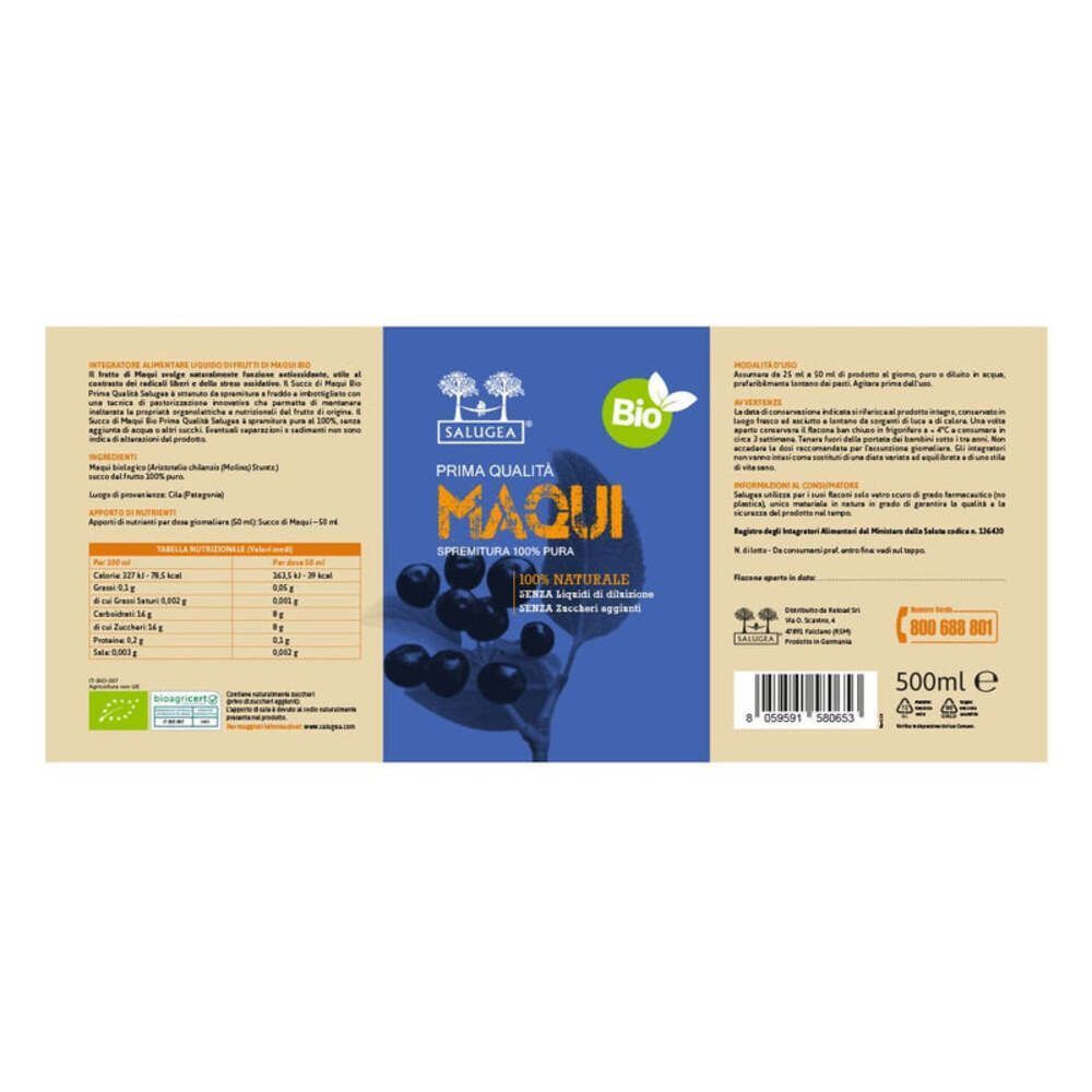 Etichetta posteriore di una bottiglia di succo di Maqui Bio con informazioni nutrizionali, sigillo Bio e istruzioni per l'uso.