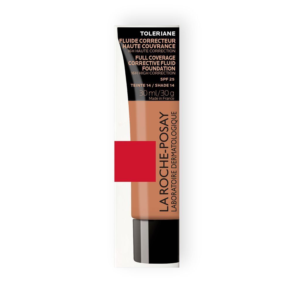 Tubetto di fondotinta fluido La Roche-Posay Toleriane con banda rossa, SPF 25 e tonalità 14.