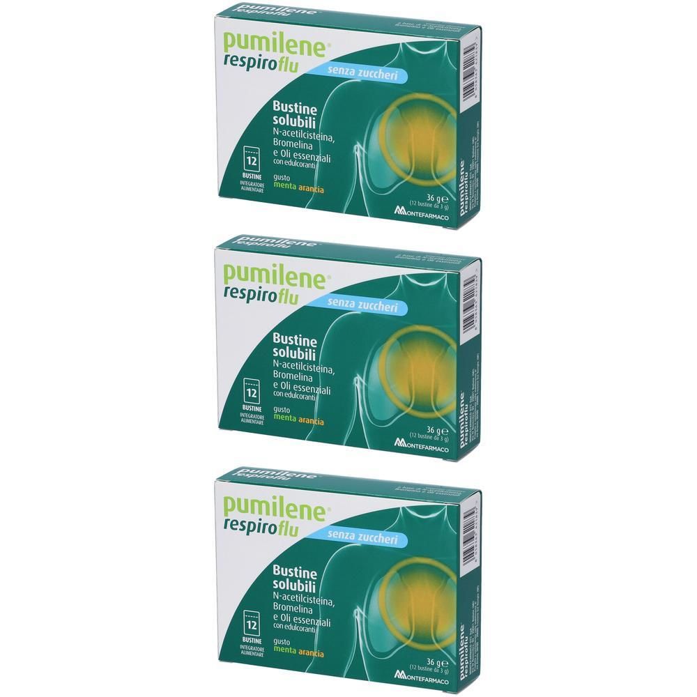 Pumilene Respiroflu Senza Zucchero 12 Bustine Gusto Menta Arancia 36 G