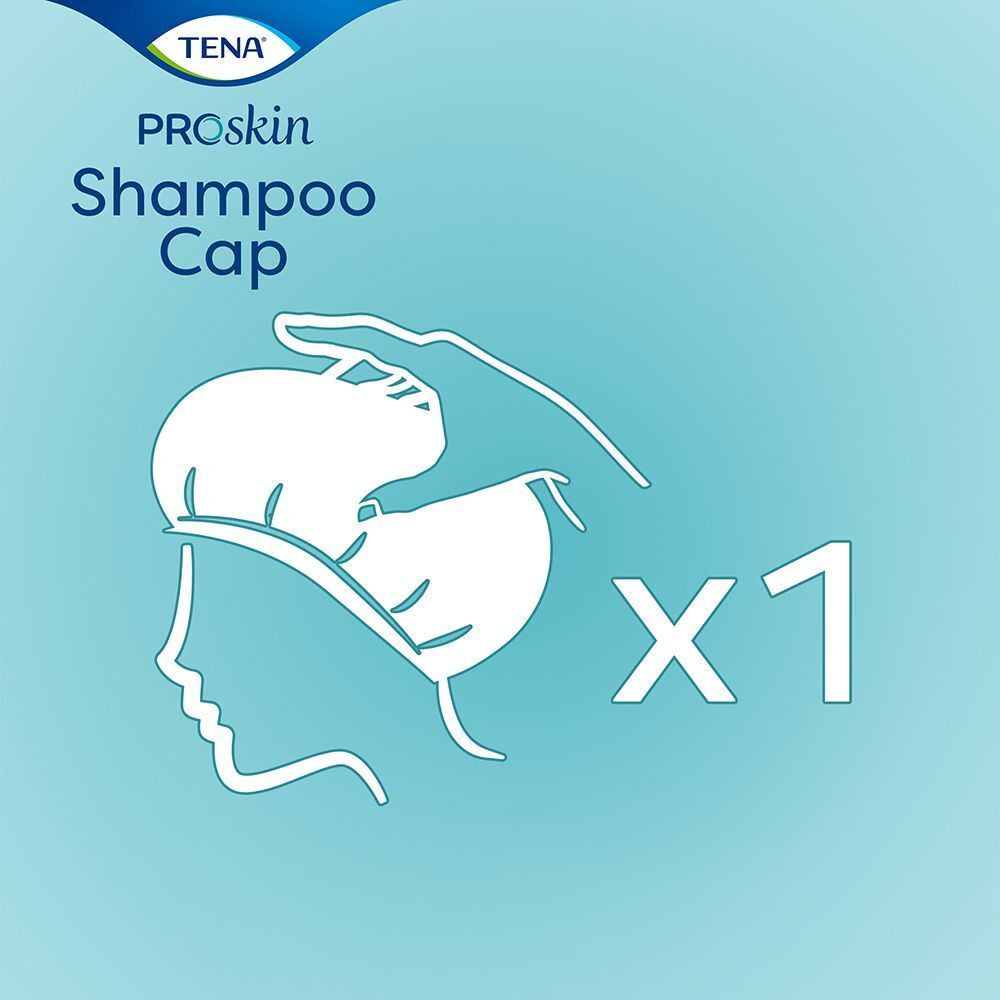 Una persona indossa un TENA ProSkin Shampoo Cap, "x1" indica una singola unità.