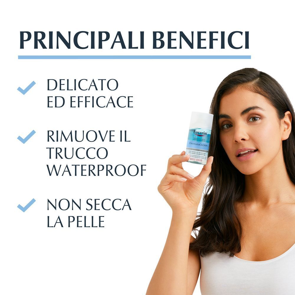 Donna tiene Eucerin Dermatoclean Struccante Occhi Waterproof. Delicato, efficace, rimuove trucco waterproof.