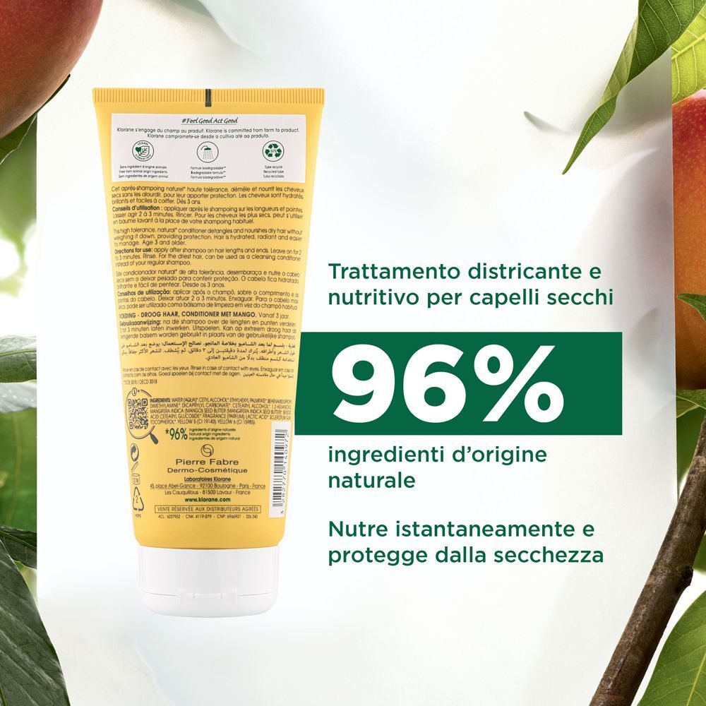 Retro di un flacone Klorane Balsamo al Mango con ingredienti e istruzioni.