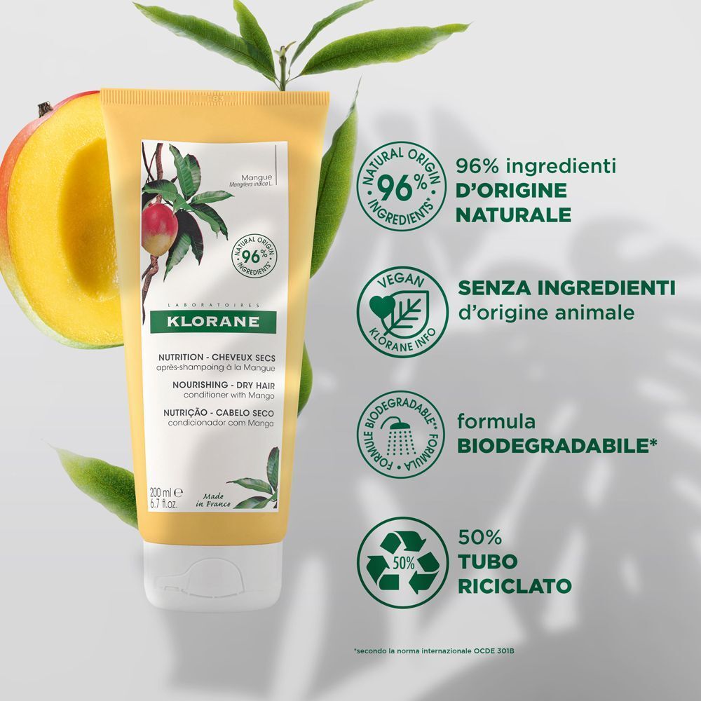 Flacone Klorane Balsamo al Mango con sigilli di origine naturale e formula biodegradabile.