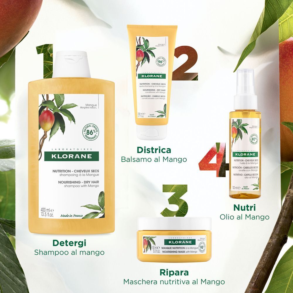 Linea Klorane: Shampoo, Balsamo, Maschera e Olio al Mango per capelli secchi.