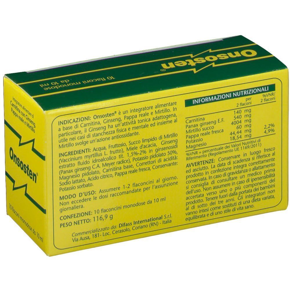 Retro di una scatola gialla Onsosten con informazioni nutrizionali e lista ingredienti.