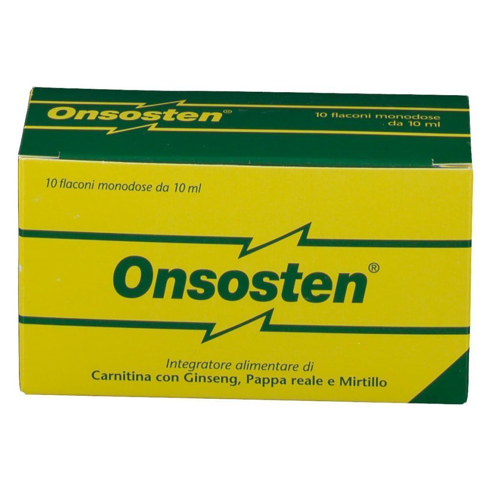 Fronte di una scatola gialla Onsosten con accenti verdi e nome del prodotto.