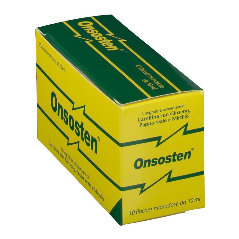 Confezione Onsosten, vista laterale. 10 flaconcini monodose da 10 ml. Contiene Carnitina, Ginseng, Pappa reale e Mirtillo.
