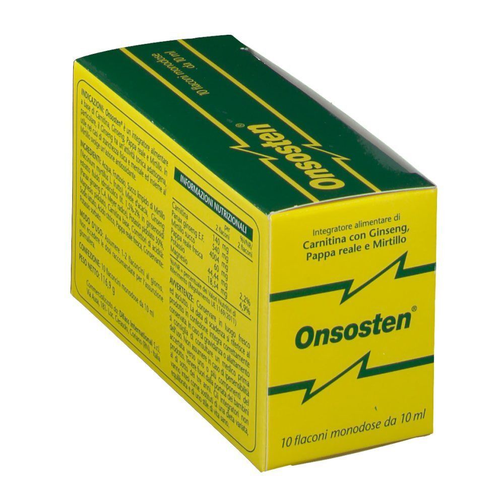 Confezione Onsosten, vista prospettica. Contiene 10 flaconcini monodose da 10 ml. Ingredienti: Carnitina, Ginseng, Pappa reale, Mirtillo.