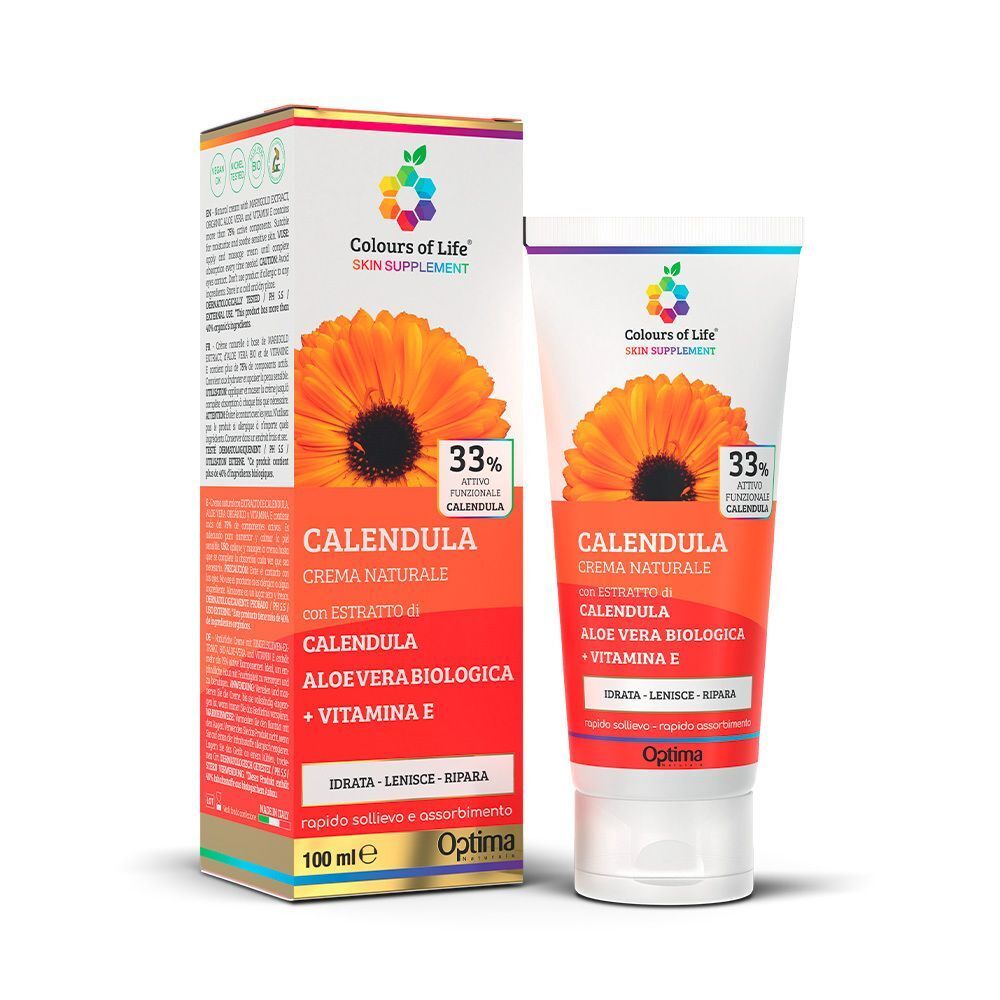 Un tubo e una confezione di Optima Calendula Crema Naturale con estratto di calendula, aloe vera biologica e vitamina E.