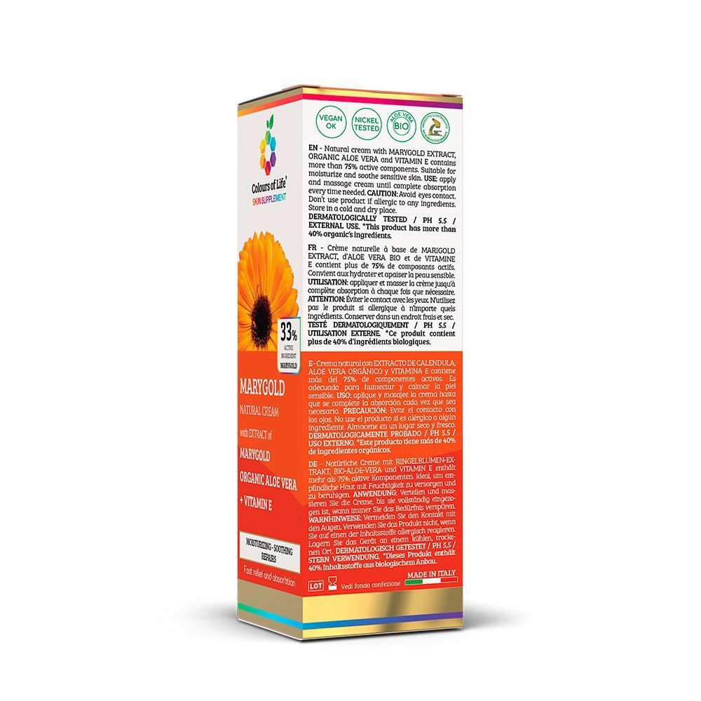 Confezione di Optima Calendula Crema Naturale con estratto di calendula, aloe vera biologica e vitamina E. Include sigilli bio.