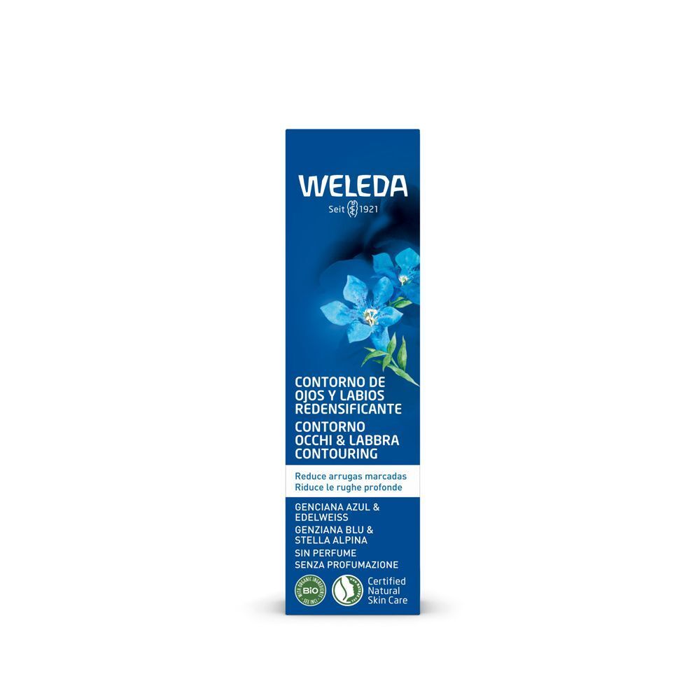Confezione di WELEDA Contorno Occhi e Labbra con fiori blu e certificazioni.