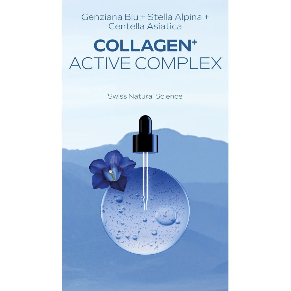 Siero WELEDA Collagen+ Active Complex con contagocce e fiore blu.