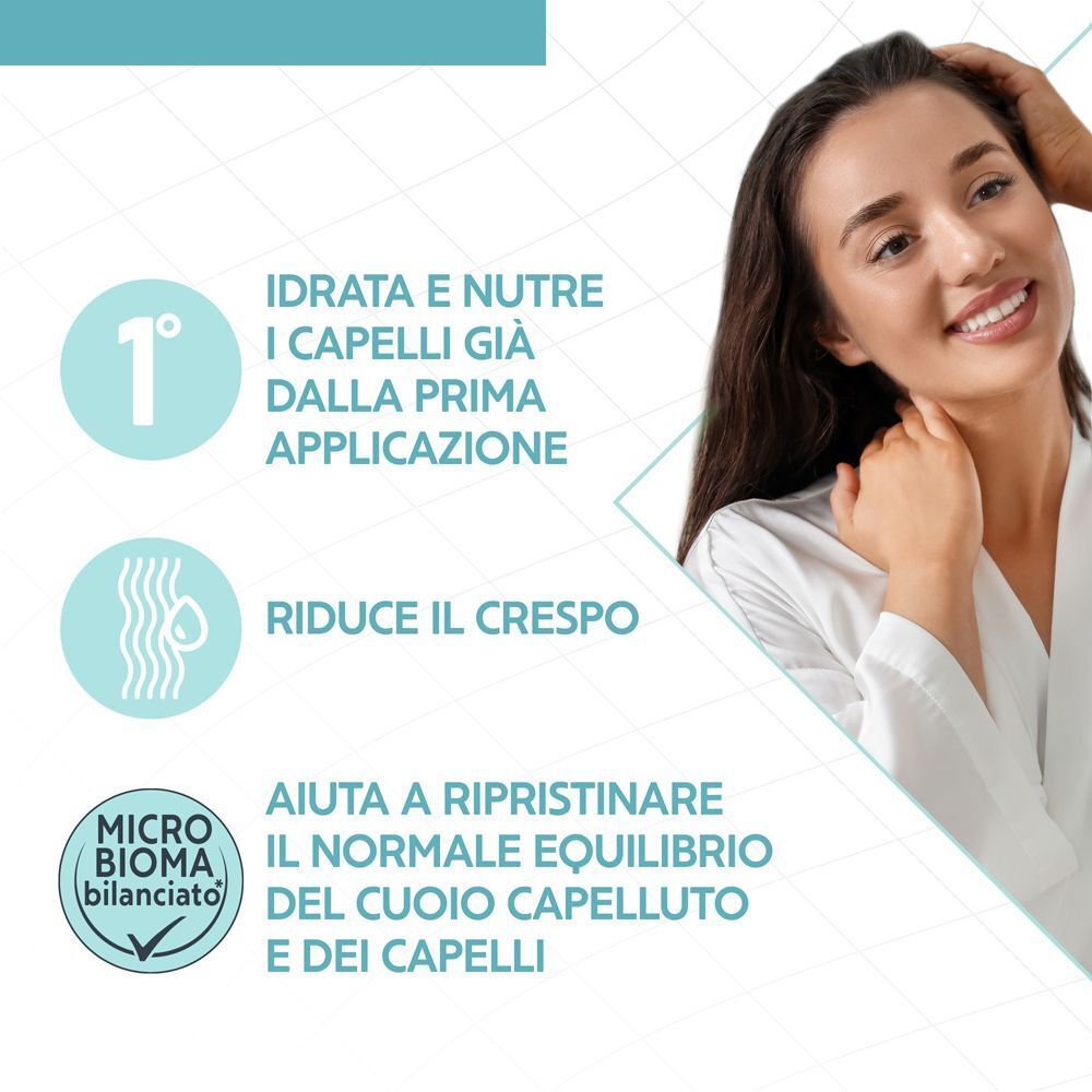 Donna con capelli lucidi, accanto a testo che evidenzia le proprietà idratanti e nutrienti del prodotto.