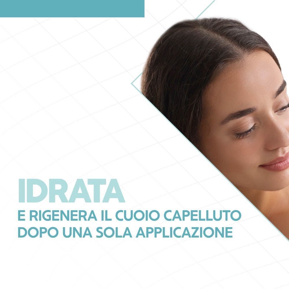 Primo piano di una donna che si sente a suo agio, accanto a testo che evidenzia le proprietà idratanti e rigeneranti del prodotto.