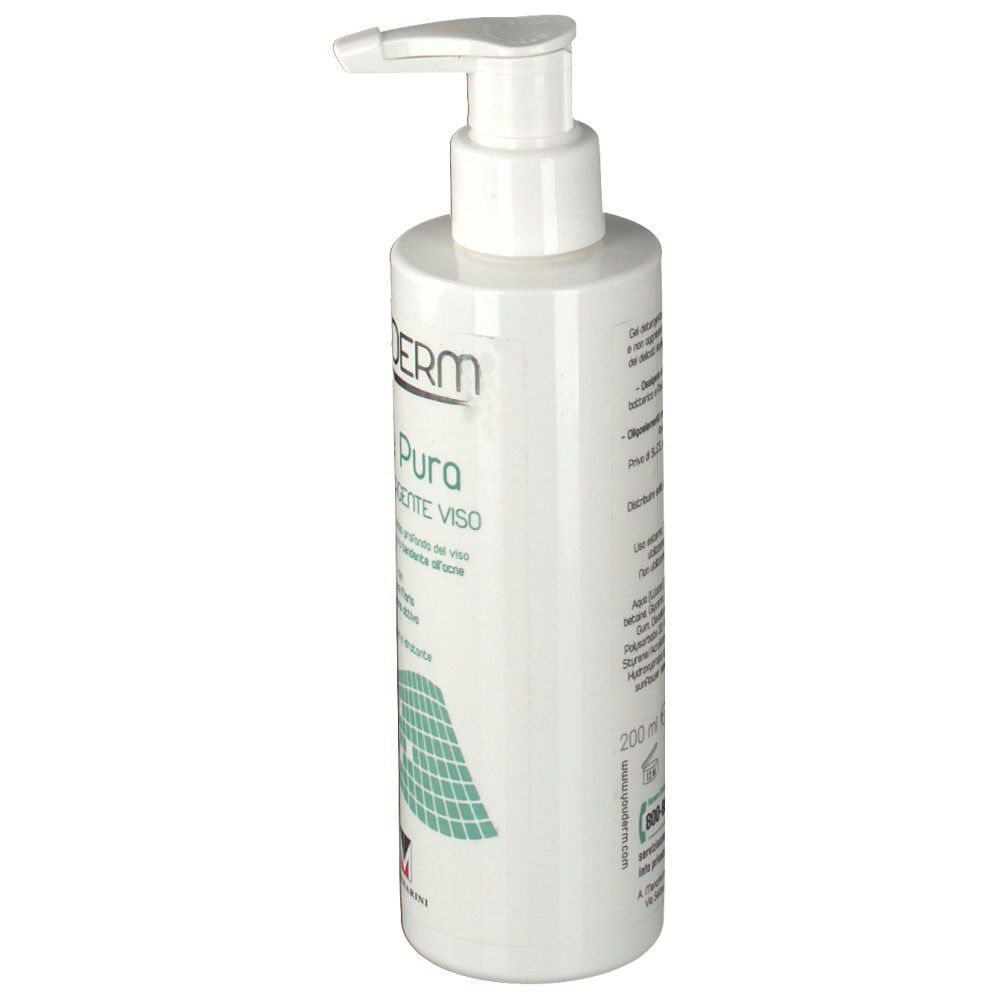 Flacone pompa bianco YOUDERM® Pelle Puro Gel Detergente Viso, vista laterale.