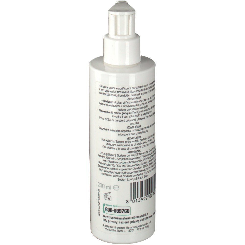 Retro di un flacone pompa bianco YOUDERM® Pelle Puro Gel Detergente Viso con informazioni sul prodotto.