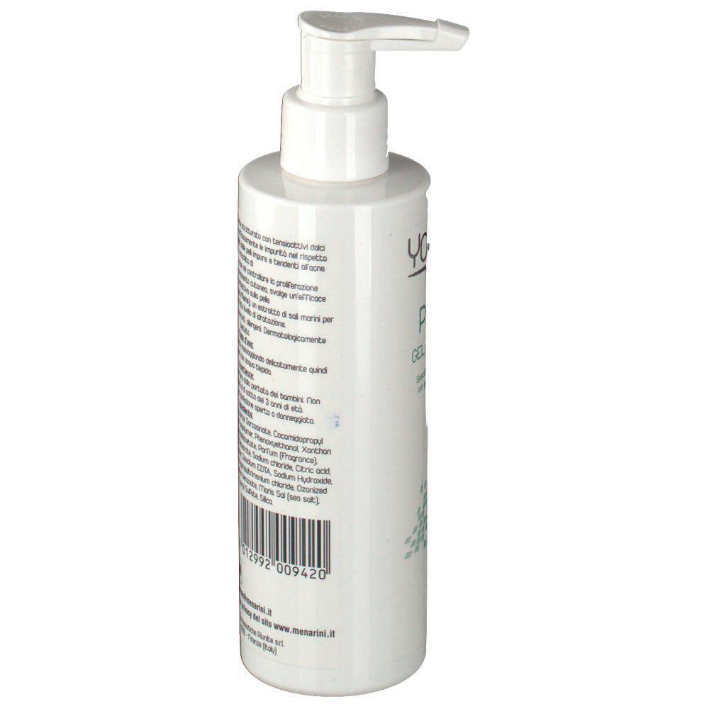 Flacone pompa bianco YOUDERM Pelle Puro Gel Detergente Viso, vista laterale con etichetta.