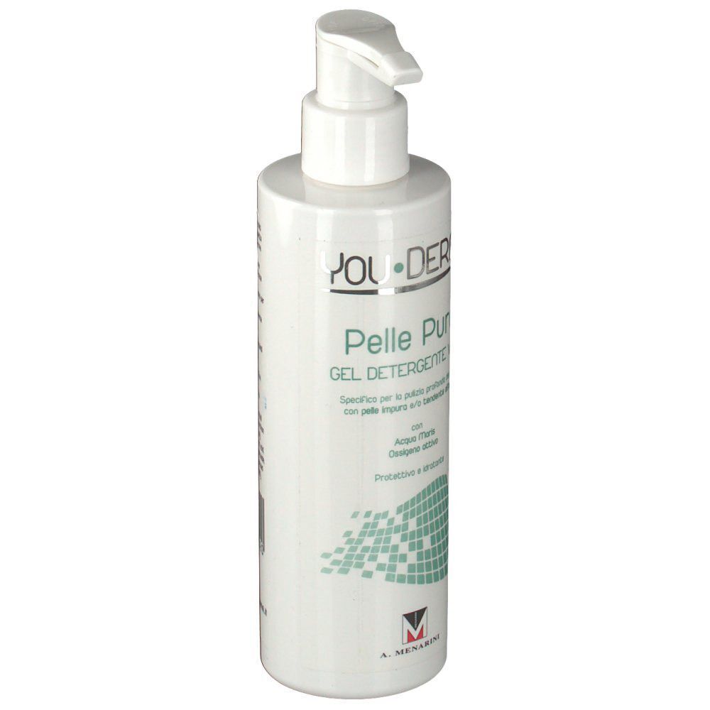 Un flacone pompa bianco YOUDERM Pelle Puro Gel Detergente Viso.