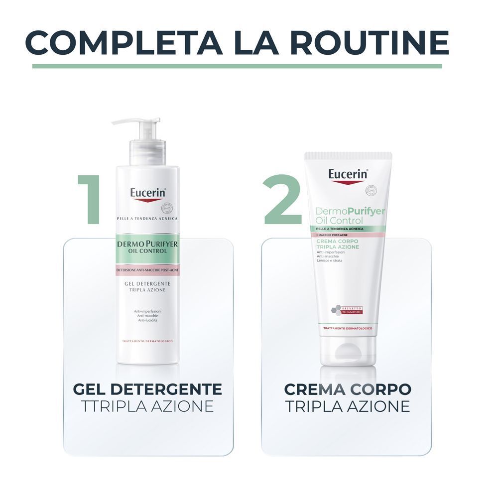 Passo 1: Gel detergente Eucerin DermoPurifyer. Passo 2: Crema corpo Eucerin DermoPurifyer.