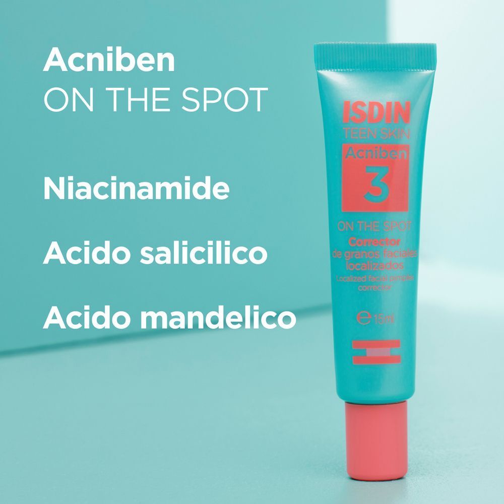 Tubo di gel ISDIN Acniben On The Spot con ingredienti evidenziati.
