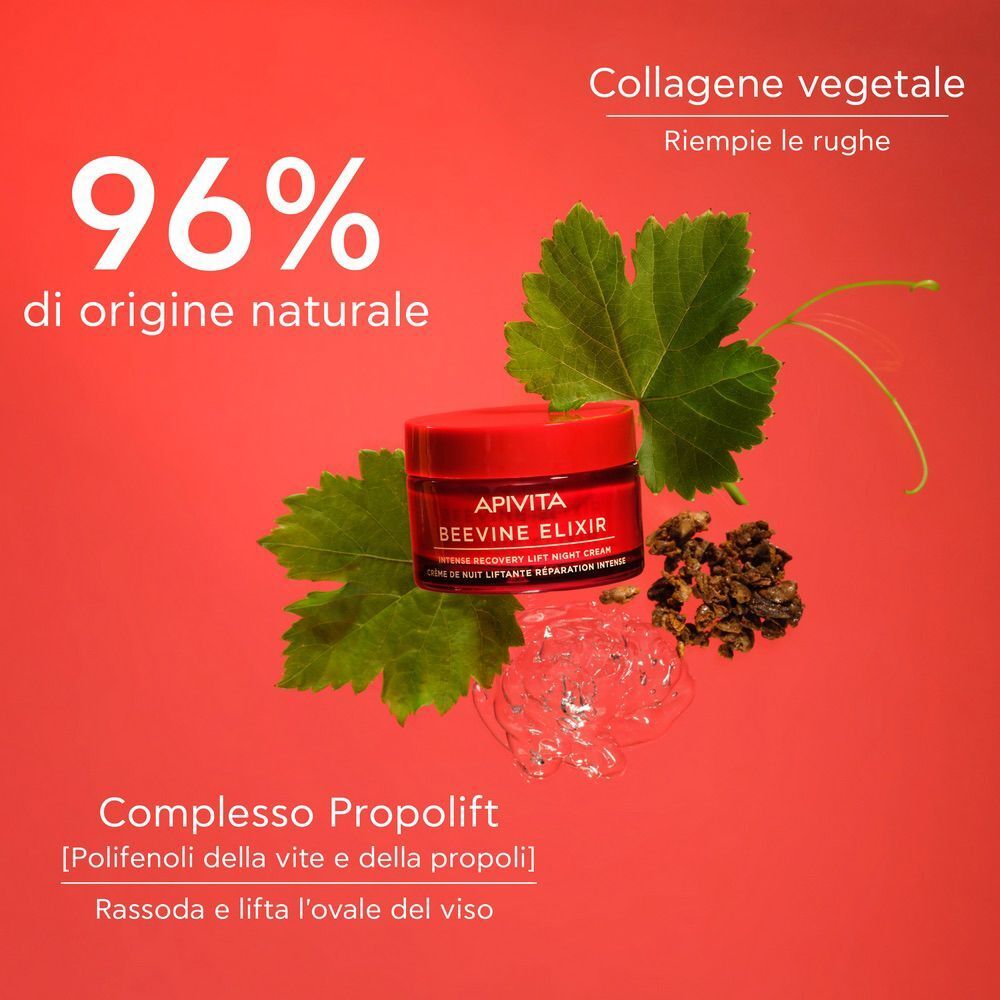 Vasetto rosso APIVITA BEEVINE ELIXIR crema notte con foglie di vite e propoli.