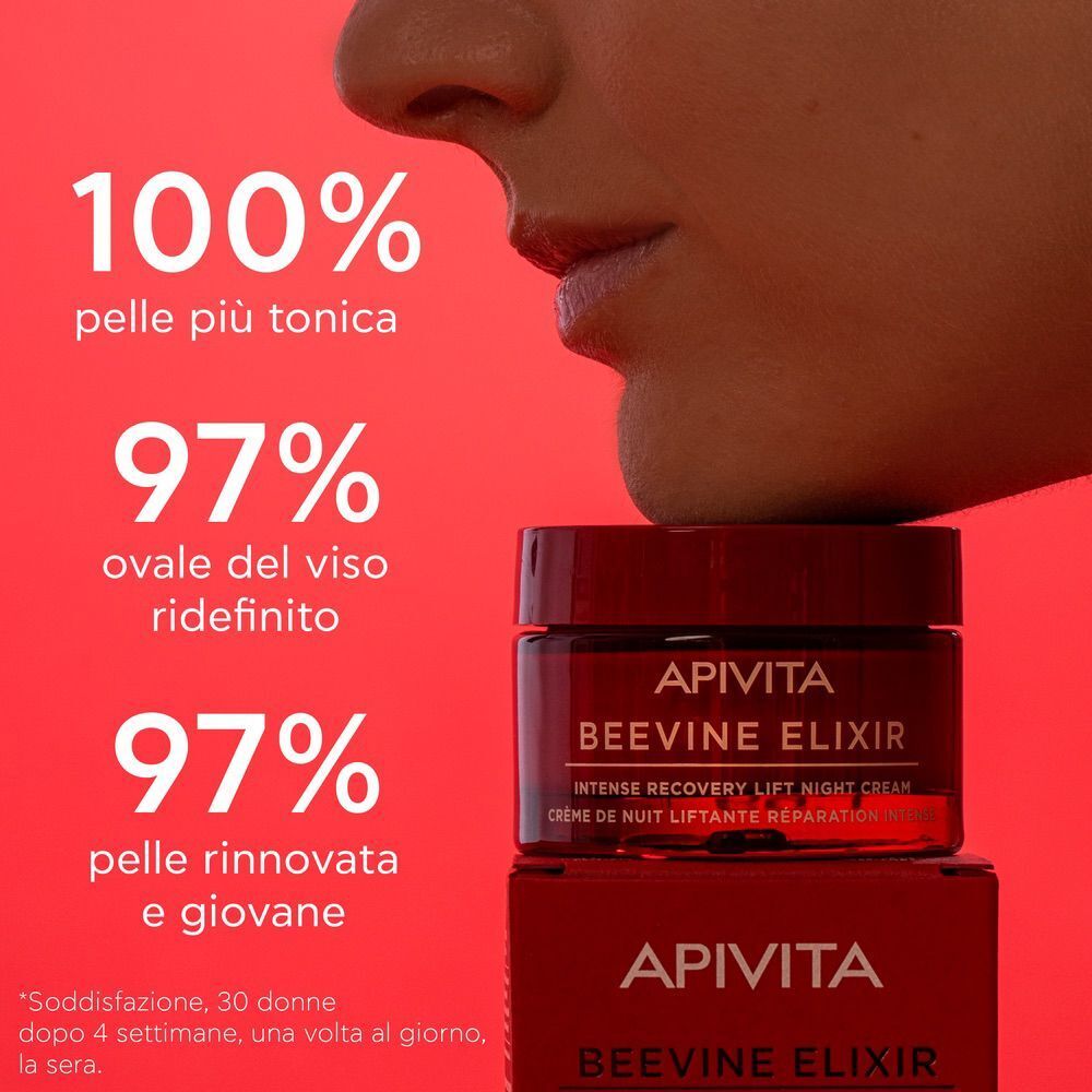 Vasetto e scatola Apivita Beevine Elixir con percentuali sull'efficacia cutanea.