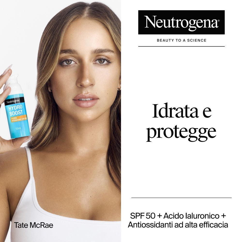Donna tiene in mano Neutrogena Hydro Boost Fluido SPF 50. Testo: "Idrata e protegge".