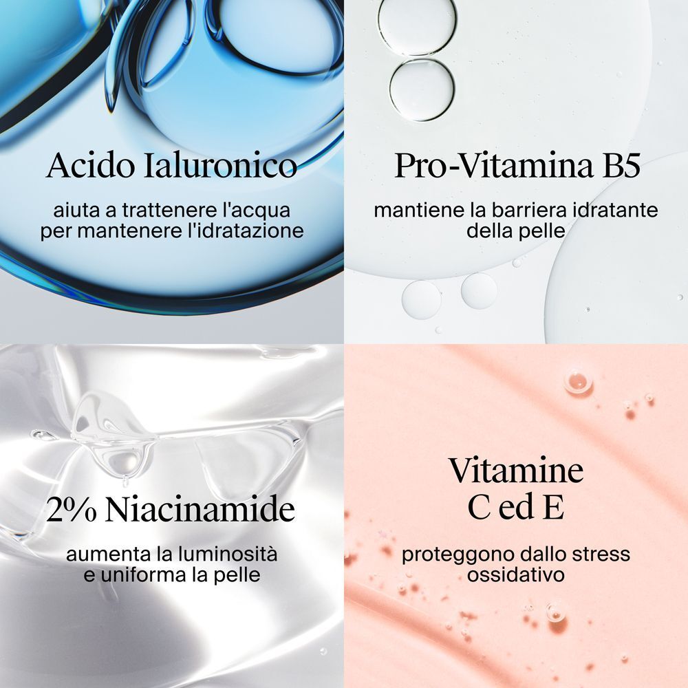 Quattro icone con testi: "Acido Ialuronico", "Pro-Vitamina B5", "2% Niacinamide", "Vitamine C ed E".