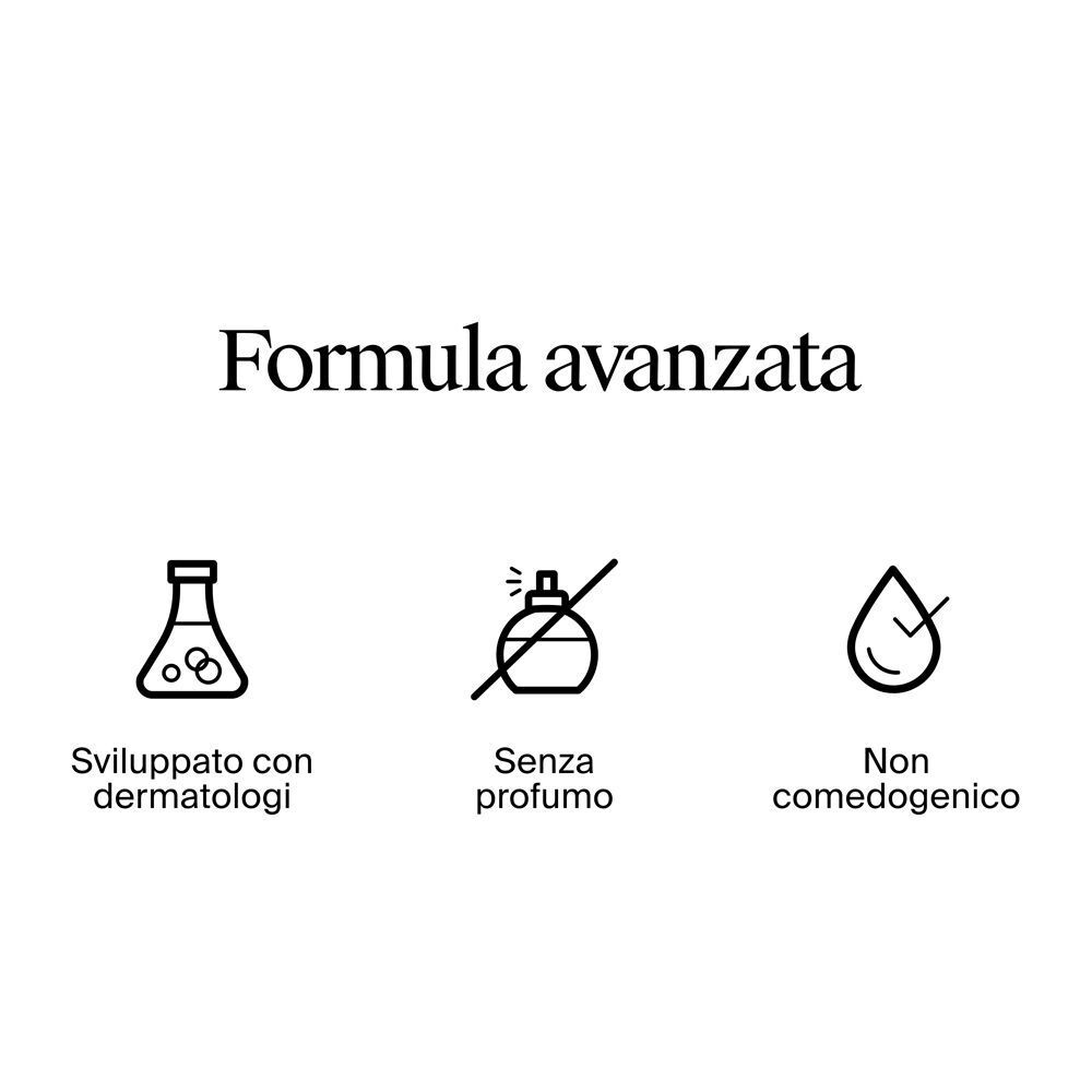 Tre icone: "Sviluppato con dermatologi", "Senza profumo", "Non comedogenico".